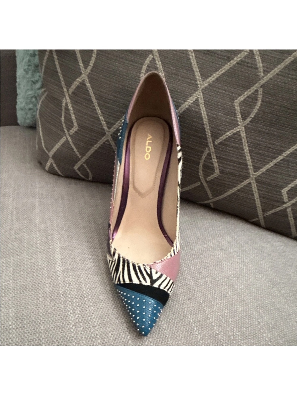 Aldo Multicolor Patchwork Pointed Pump in Blue, Pink, Black, White